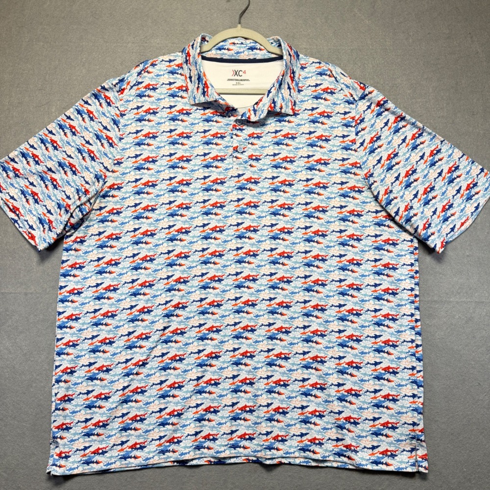 Johnston‎ & Murphy XC4 Mens XXL Shark Print Performance Golf Polo Blue Red White